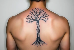 back tattoo with proverbs 31 with tree of life woman tattoo woman’s body as the trunk with no head  with roots and branches from neck with  small flowers from a few branches tattoo idea