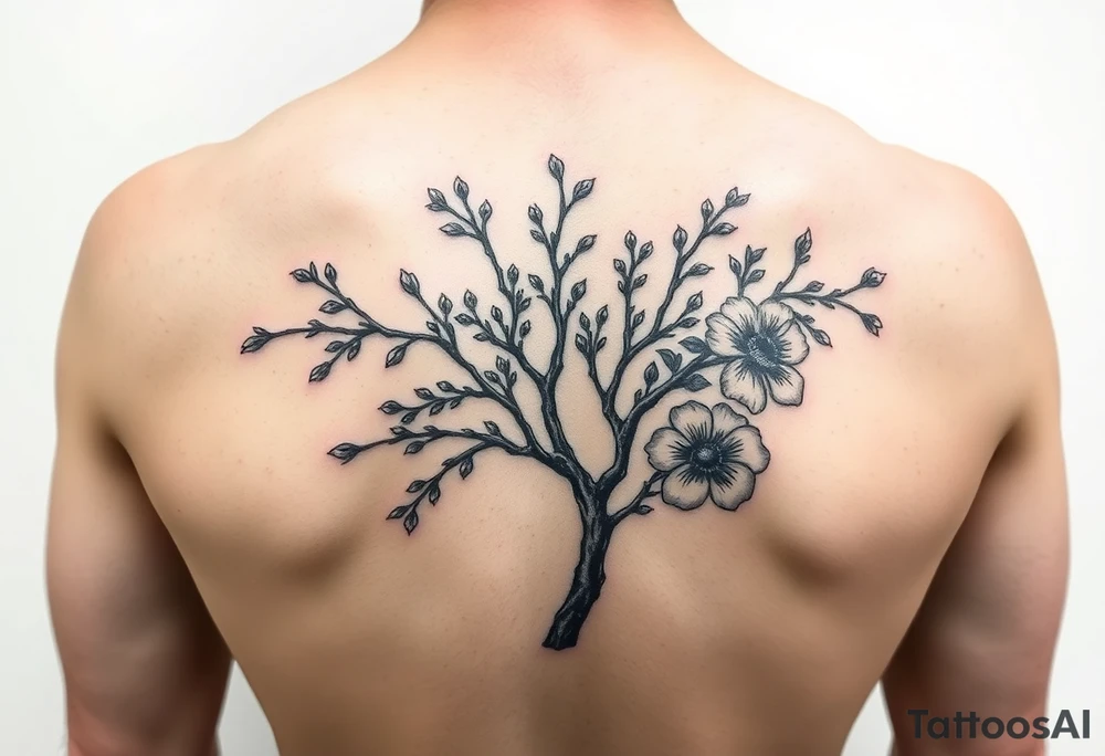 rowan tree tattoo with berries and large florals tattoo idea