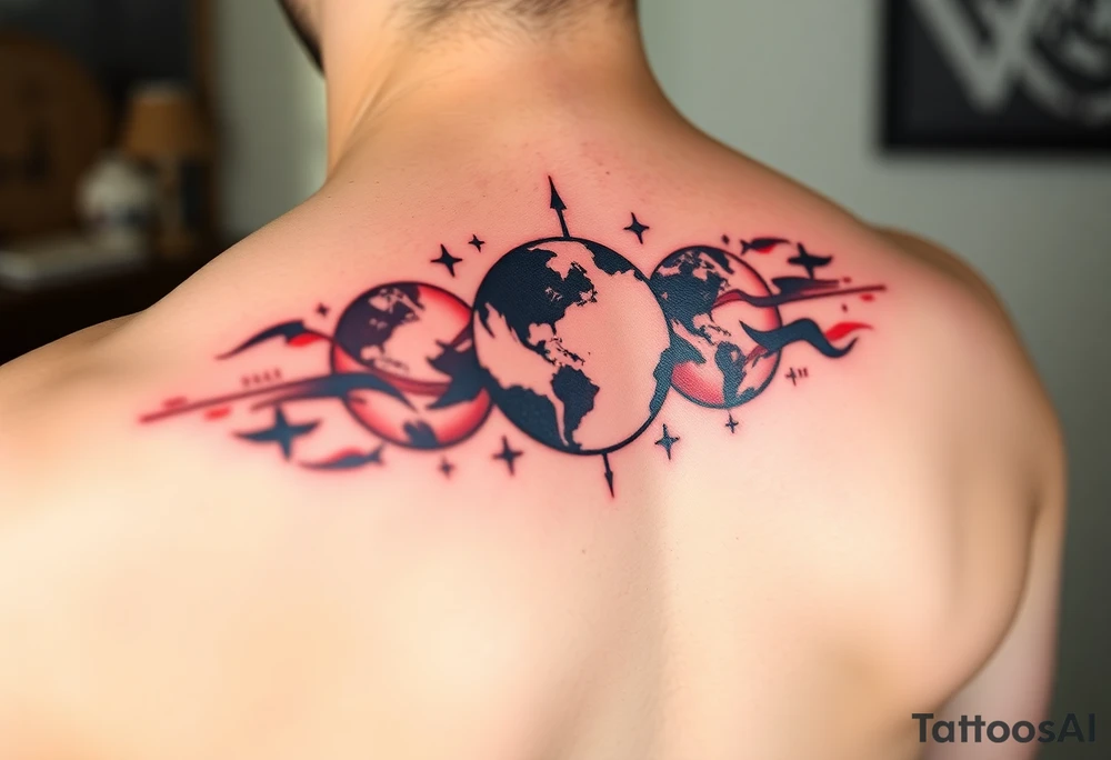 3 planet horizontal. Color Black and red with more black tattoo idea