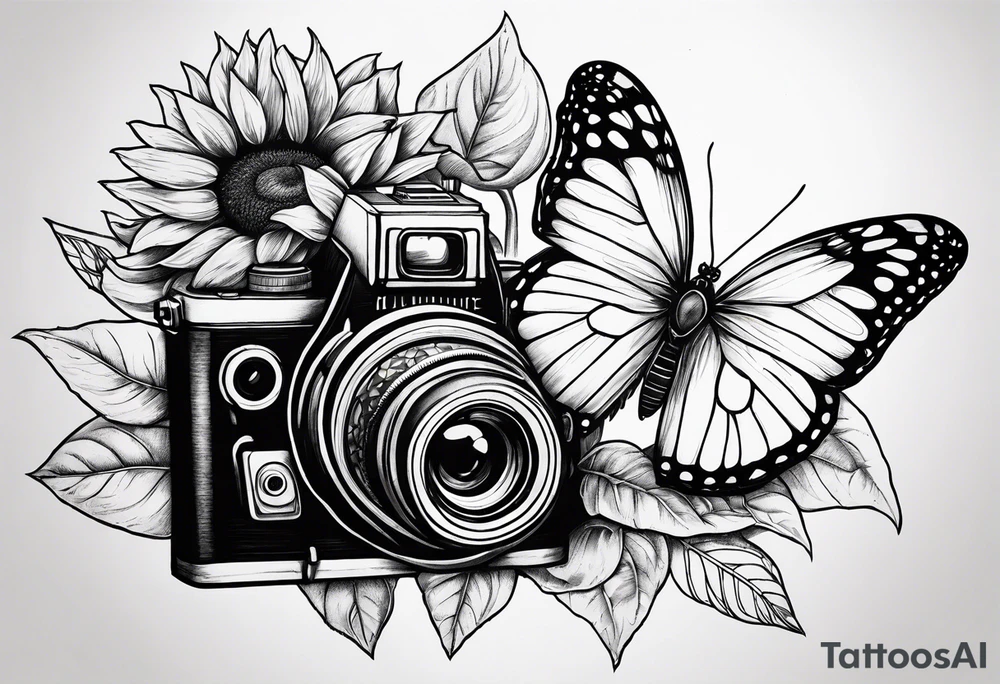 Butterfly, sunflower, camera, book, flower rose tattoo idea Butterfly, sunflower, camera, book, flower rose tattoo idea