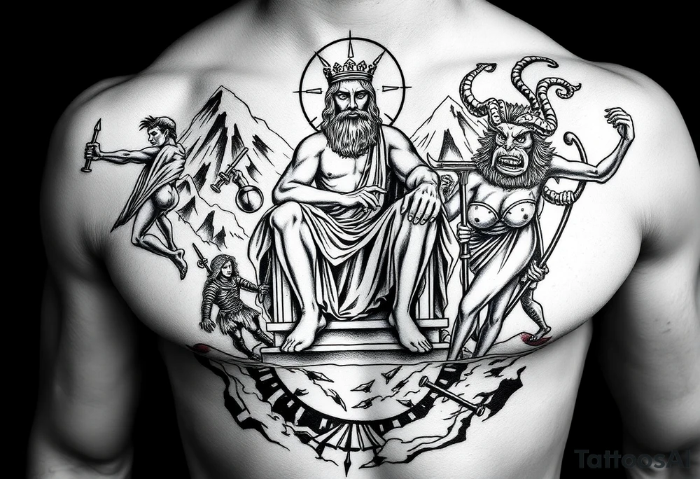 Realism Full chest peice including the Greek gods with zues on his throne looking down from the mountain casting judgement on the people add lighting and Mount Olympus and a temple and a battle scene make zues muscular add hades Medusa and minatour tattoo idea