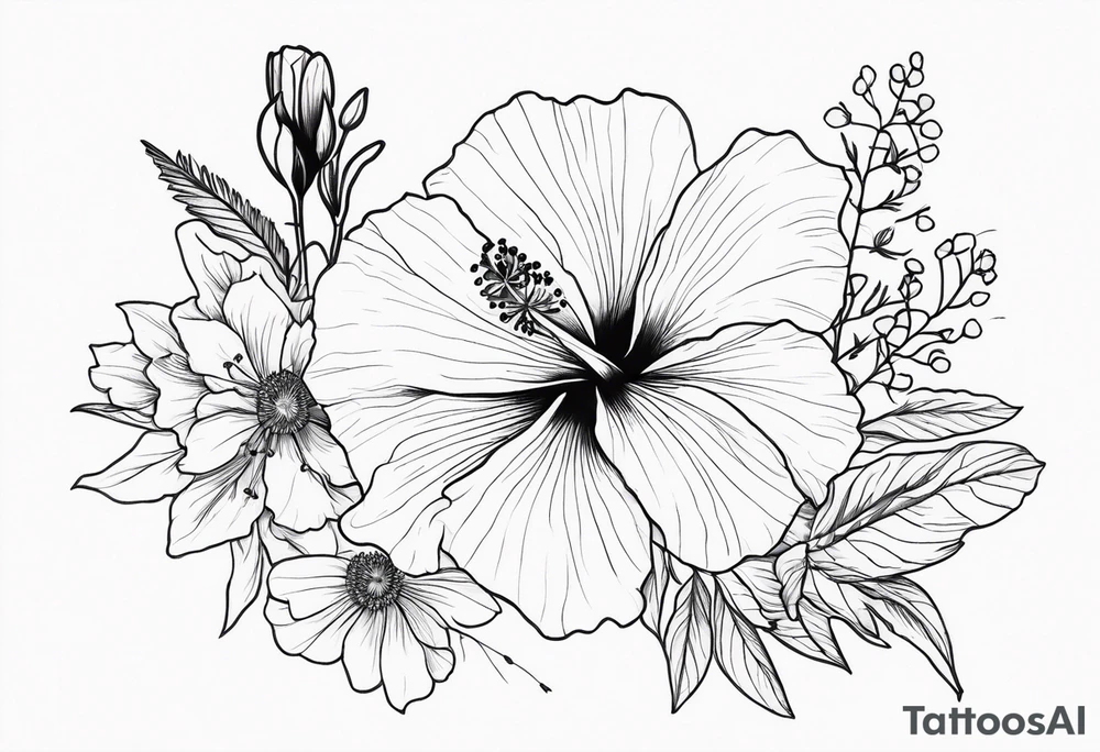 Hibiscus with wildflowers, poppy, complimentary flowers, bees, peony, forearm tattoo idea