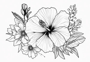 Hibiscus with wildflowers, poppy, complimentary flowers, bees, peony, forearm tattoo idea
