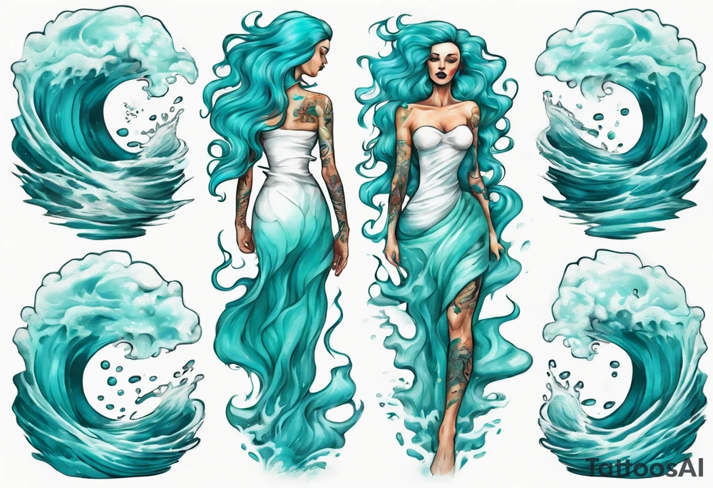 a tall woman made of water with turquoise hair waves crashing against rocks tattoo idea