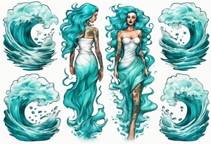a tall woman made of water with turquoise hair waves crashing against rocks tattoo idea