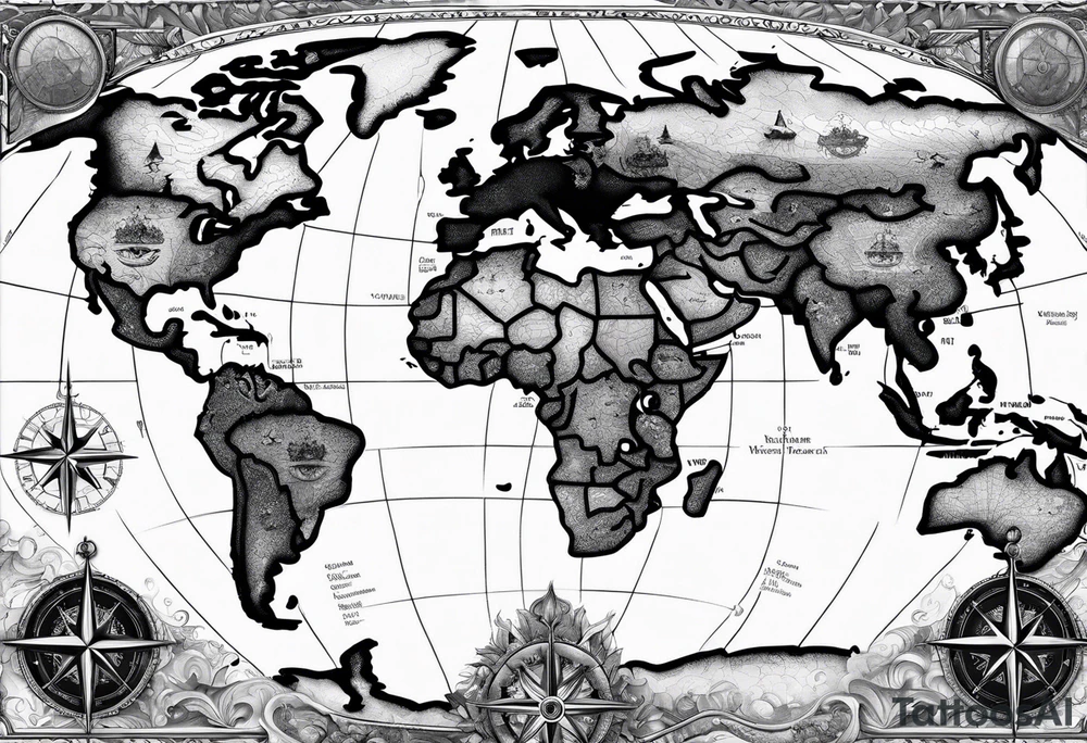 Map world with compass tattoo idea