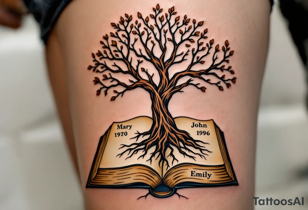 Tree growing out of an open book, roots tangled in the pages. Each page labeled with a generation: 1950 (Mary), 1972 (John), 1996 (Emily). Warm brown tones for the tree, aged parchment color for the book. tattoo idea