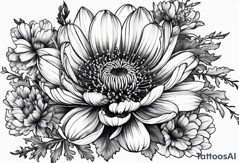 Chrysanthemum with wildflowers, poppy, complimentary flowers tattoo idea