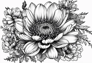 Chrysanthemum with wildflowers, poppy, complimentary flowers tattoo idea