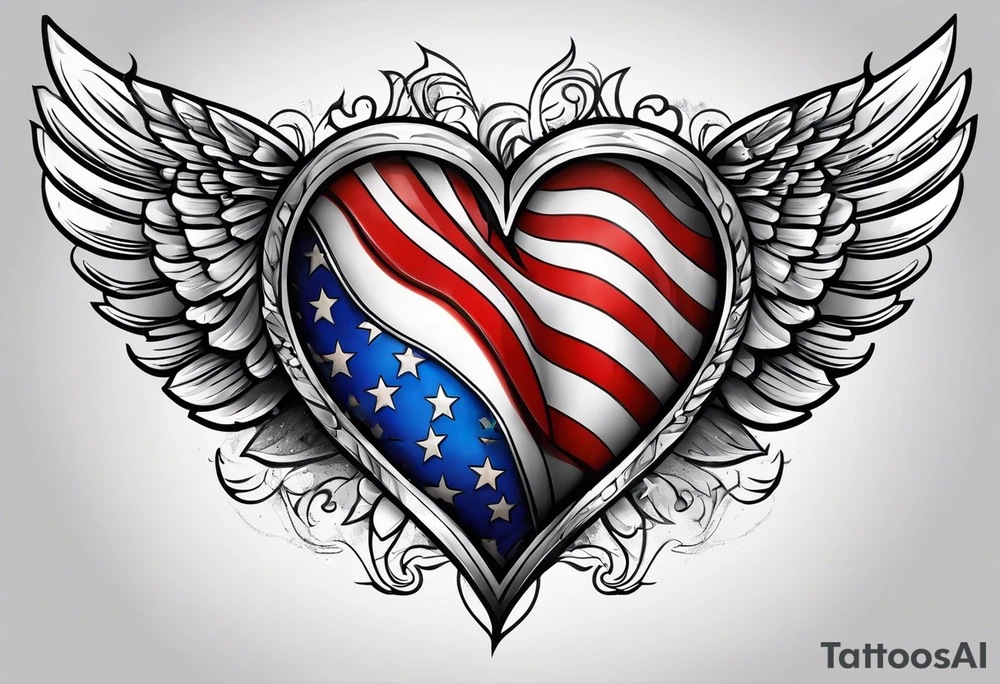 Flag inside of a heart with wings tattoo idea