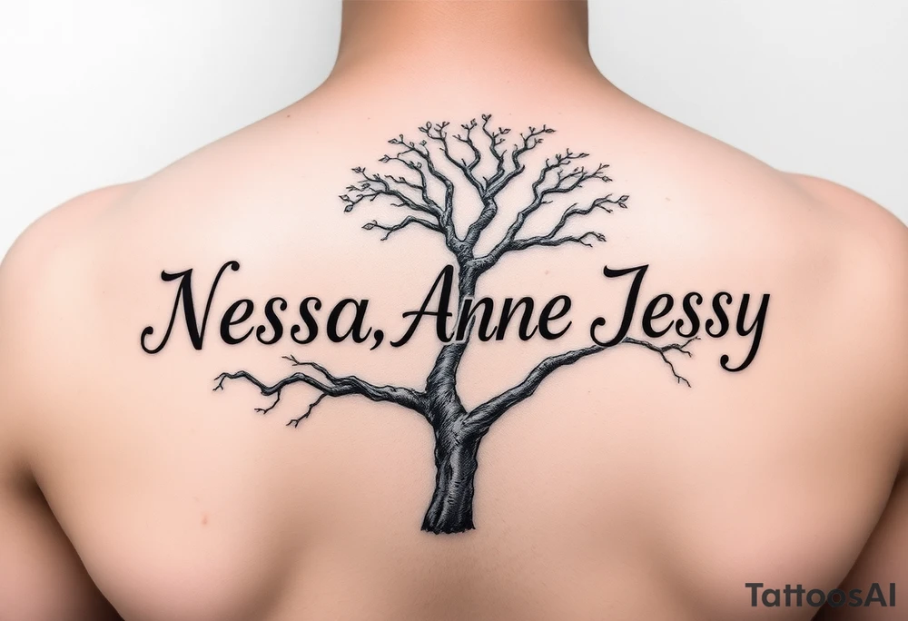 the name Nessa, Anne, Jessy
 on a live tree tattoo idea