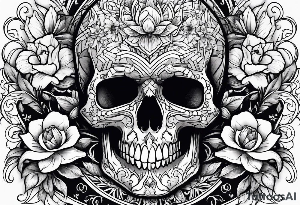 skull and flowers tattoo for full sleeve tattoo idea