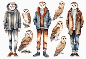 a skinny man with long legs and the head of a barn owl wearing wool leggings and shoes with curled toes tattoo idea
