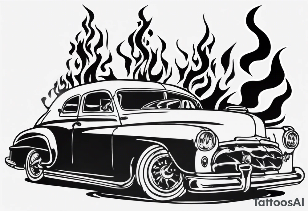 An old vintage classic car with flames coming out of the bonnet and a skeleton head at the top of the flames tattoo idea