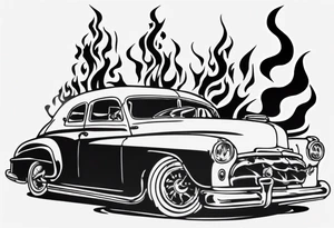 An old vintage classic car with flames coming out of the bonnet and a skeleton head at the top of the flames tattoo idea