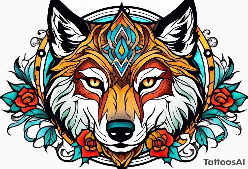 Neotraditional wolf tattoo idea