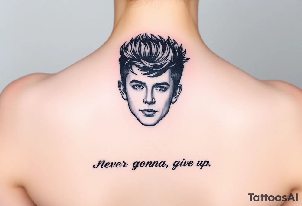 Young Rick Astley Face with Never Gonna Give You Up text tattoo idea