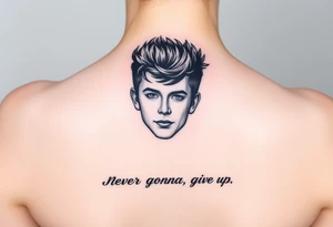 Young Rick Astley Face with Never Gonna Give You Up text tattoo idea