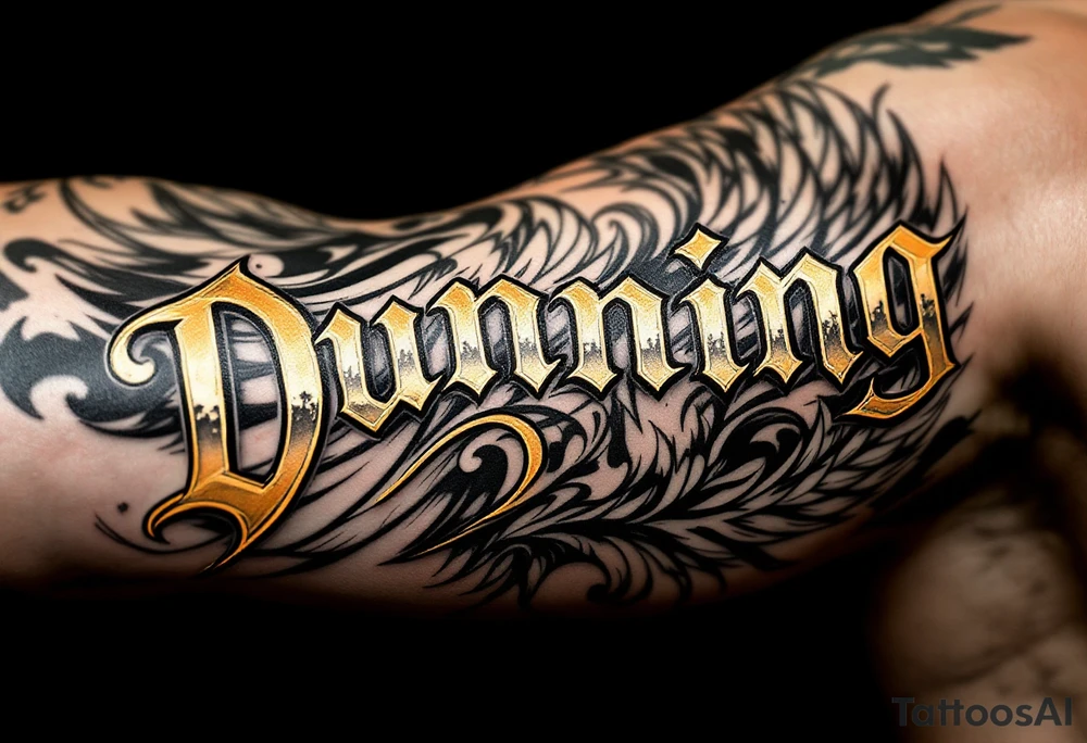 Dunning, details include bold strong font, gold highlights, theme of wealth and angel wings, Trees tattoo idea