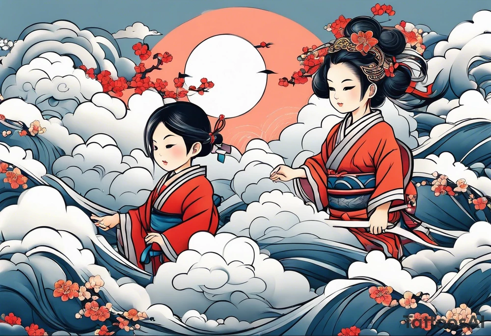 2 children playing together in japanese clouds tattoo idea