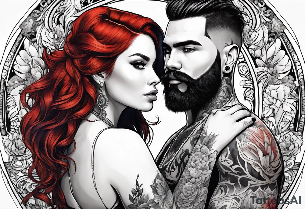 Busty red haired woman with a bearded man who has black hair tattoo idea