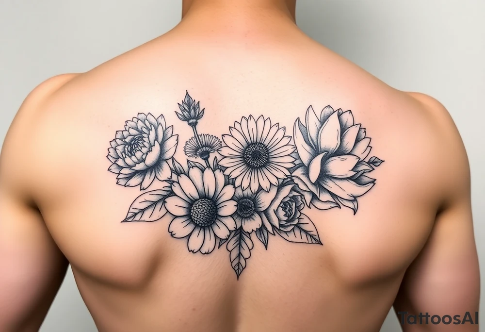 flower arrangment for arm, include two carnations, one violet, two daisies, one cosmos, and one peony tattoo idea