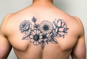 flower arrangment for arm, include two carnations, one violet, two daisies, one cosmos, and one peony tattoo idea