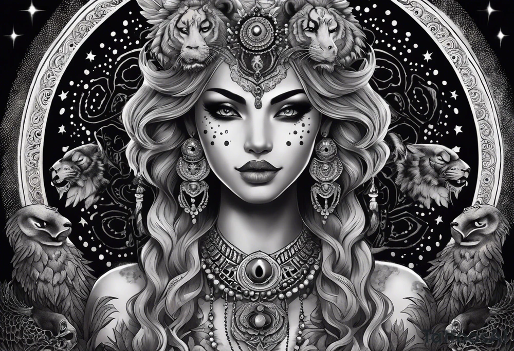 black kali, goddess pirate, alien, angel, pachamama, valkrye, warrior, flying, skull, lotus azul, wing, eagle, zenza resonance, stars, 5D, anahata chakra, death, durga, riding on a tiger, flying lady, kundalini, chest tatoo, samuri, rebel,serpent tattoo idea