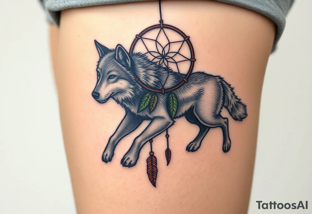 A wolf running through the woods, with dreamcatcher rings woven into the landscape. The wolf’s fur is shaded in shades of gray and white, while the dreamcatcher is adorned with green leaves and earthy brown tones tattoo idea