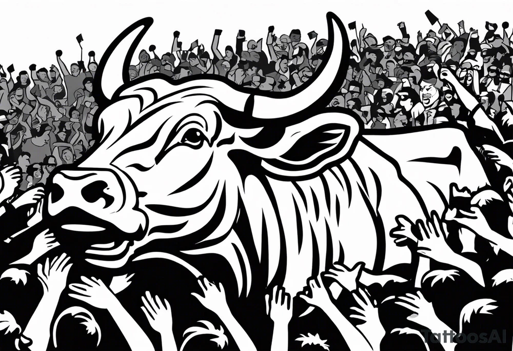 raging bull head busting through crowd with the words “The Raging Bull” in the tattoo tattoo idea