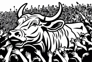 raging bull head busting through crowd with the words “The Raging Bull” in the tattoo tattoo idea