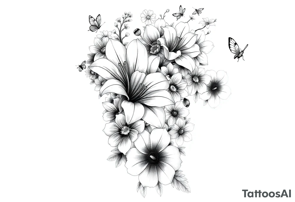 Calia Lily, rose, gadiolus, carnation,Narcissus,poppy, aster, violet ,chrysanthemum, lily of the valley and water lily sleeve on upper arm and shoulder  with butterfly’s and bumblebees and dragonflies tattoo idea