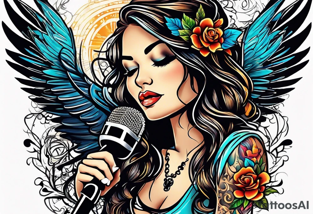 Microphone and musical notes and guitar and wings and female tattoo idea