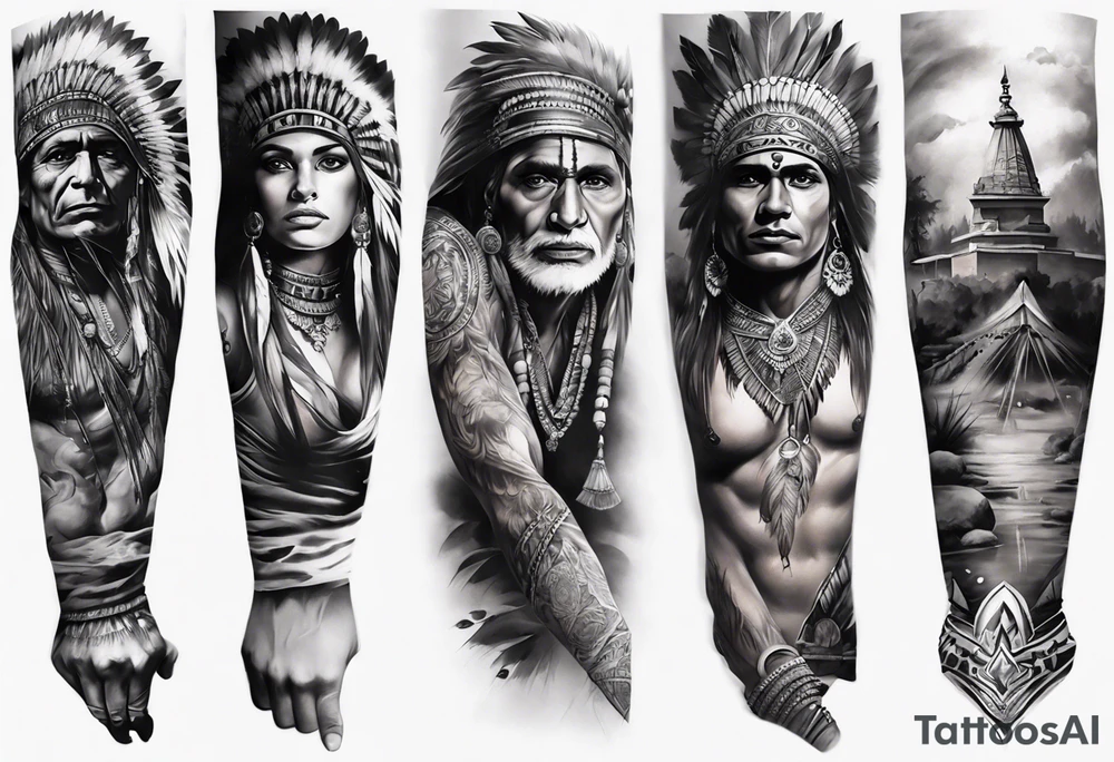 ARM SLEEVE WITH INDIAN THEME REALISTIC tattoo idea
