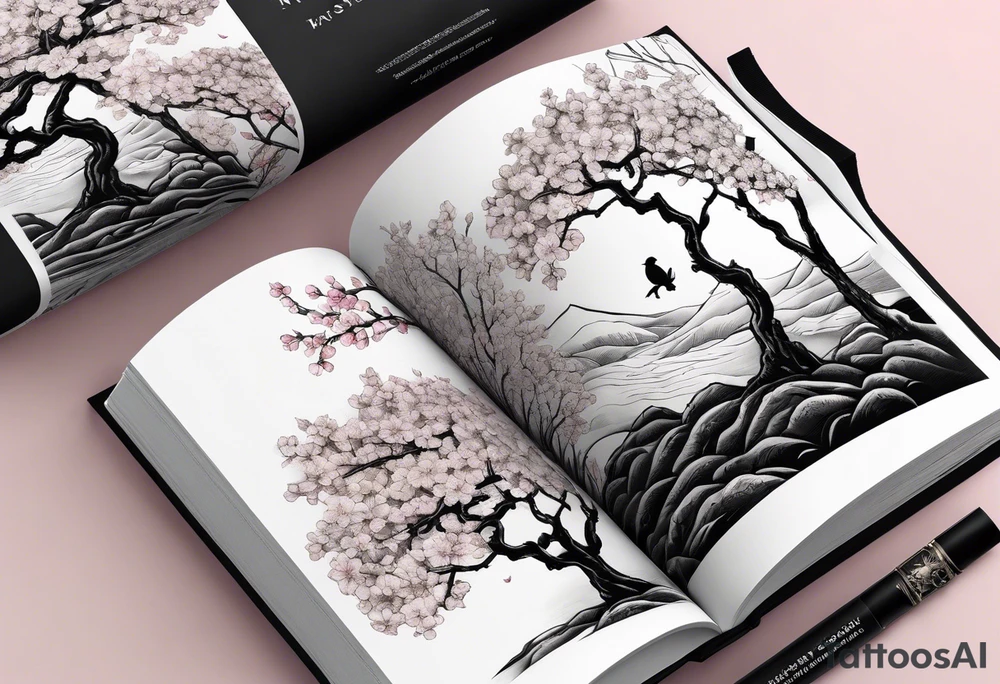 Stack of books with open book on top and cherry blossom tree growing out of it tattoo idea