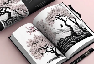 Stack of books with open book on top and cherry blossom tree growing out of it tattoo idea