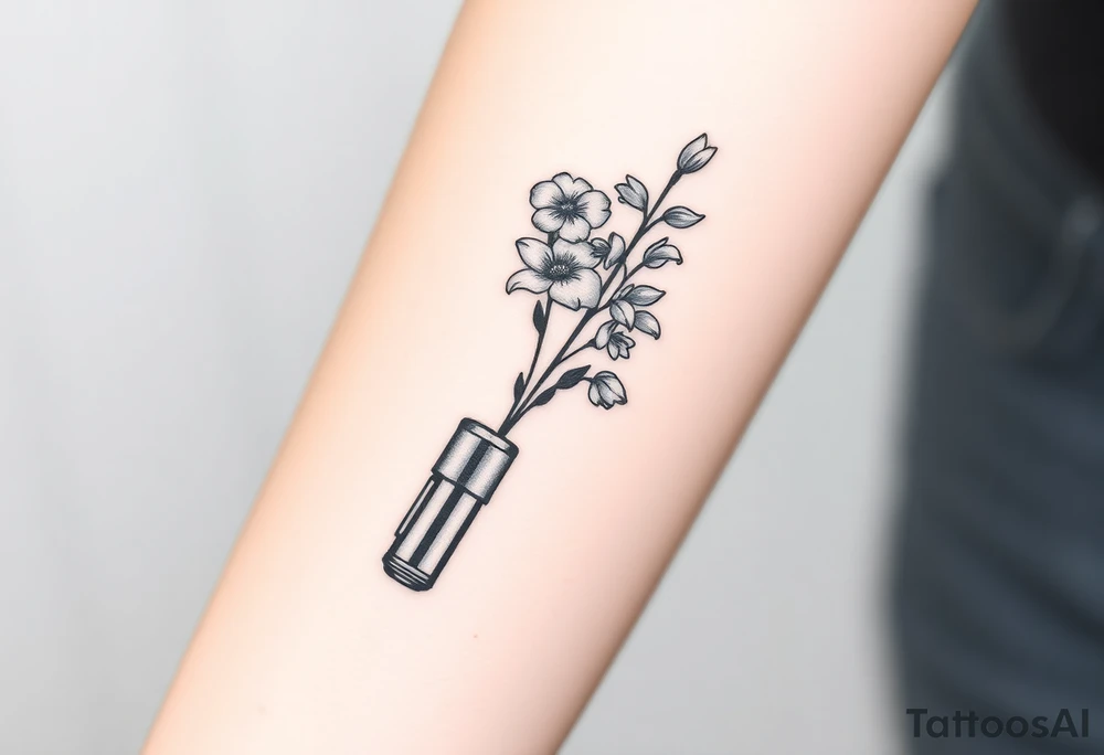 Star Wars Lightsaber handle with a daisy, morning glory, and lily of the valley in it tattoo idea