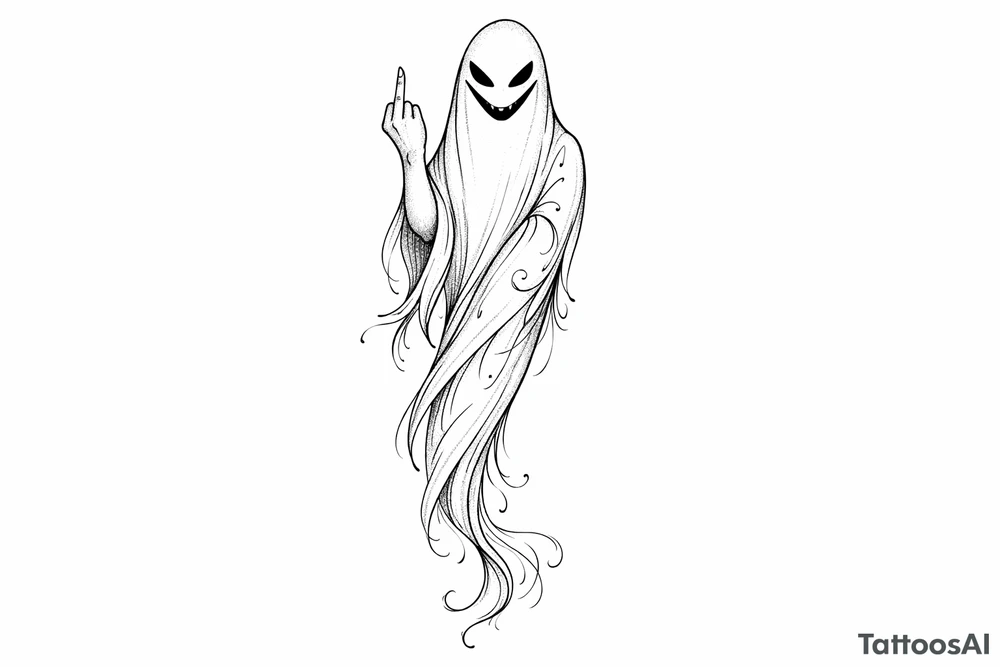Tall, slender ghost with a mischievous grin, middle finger raised, subtle shading. tattoo idea