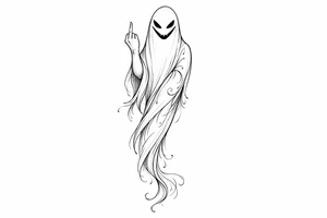 Tall, slender ghost with a mischievous grin, middle finger raised, subtle shading. tattoo idea