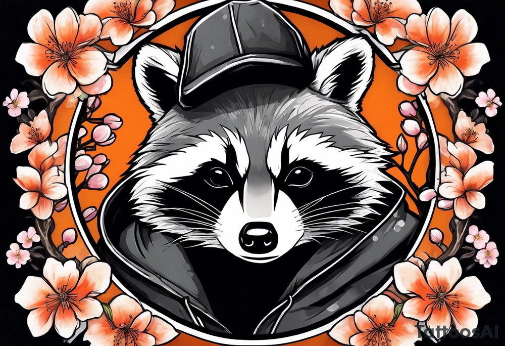 Raccoon wearing a white Superman logo on a black hoodie and orange Japanese cherry blossoms tattoo idea
