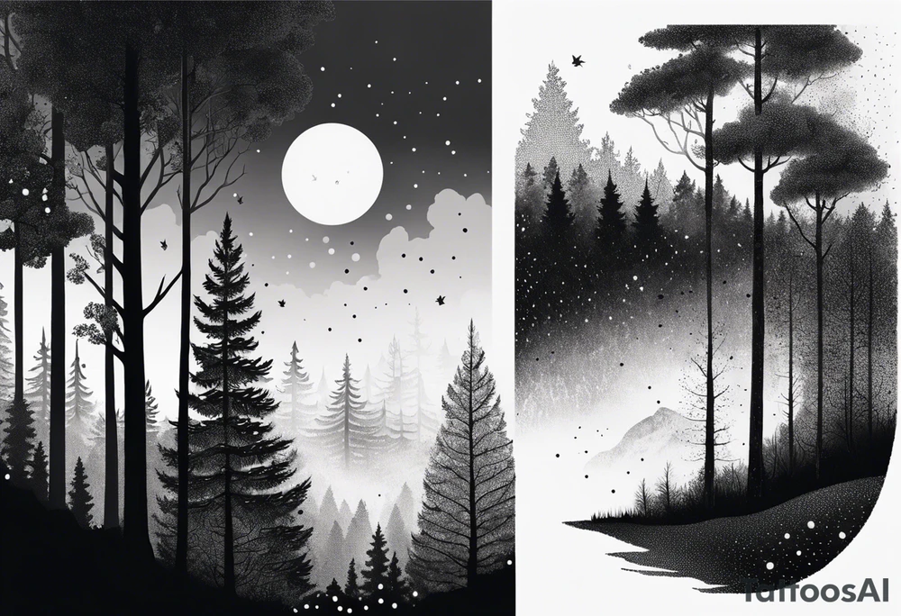 forest along the edges where there are fires below and in the distance with full trees tattoo idea