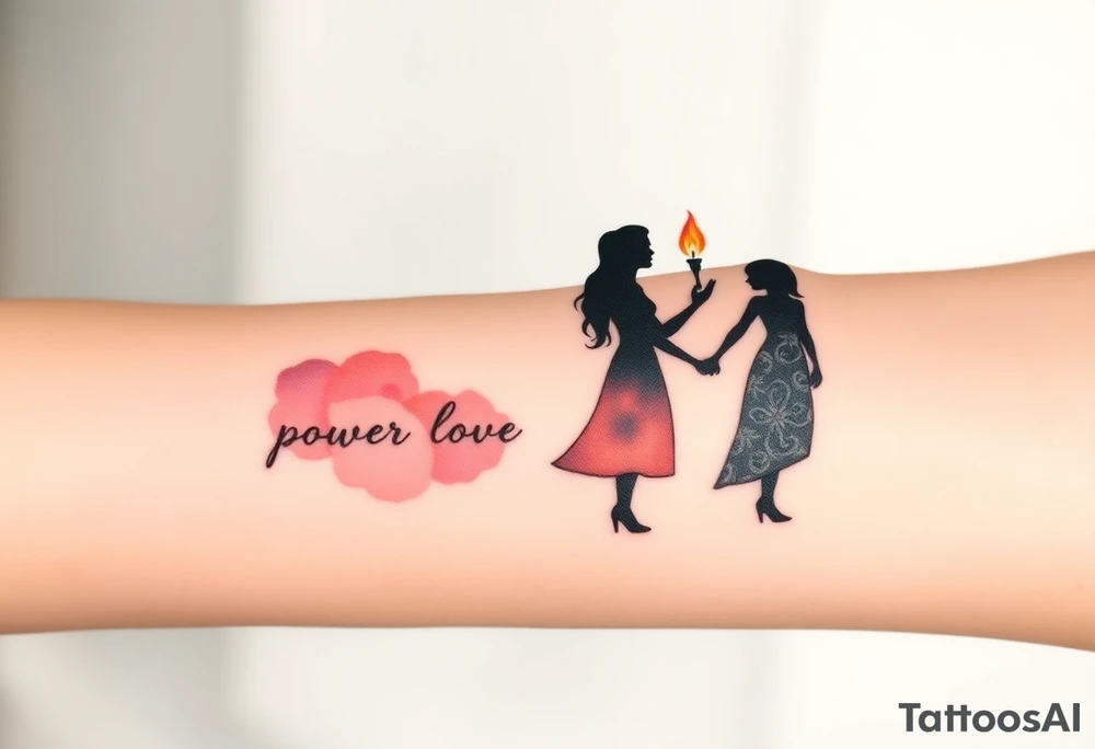 Silhouette of grandmother, mother and daughter passing a flame from oldest to youngest with the flame growing as it goes. Make the flame in watercolor motif and the silhouettes simple. Incorporate the words power, love and sound mind. Or 2 Timothy: 5-7 tattoo idea