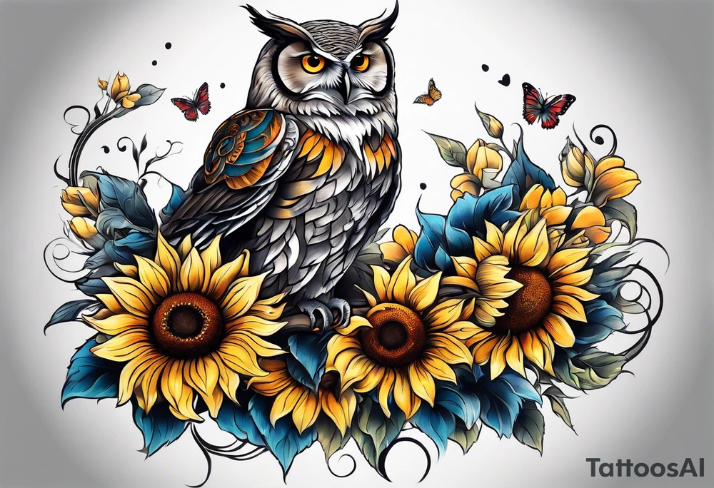 Sleeve with a owl sunflower and butterfly tattoo idea