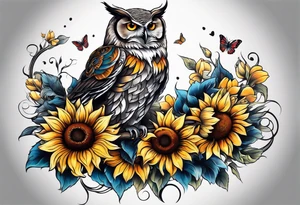 Sleeve with a owl sunflower and butterfly tattoo idea
