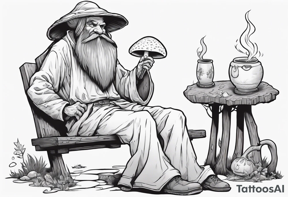 a medieval human-mushroom hybrid with a long grey beard wearing a tunic and a floppy hat sitting on a bench by a fireplace drinking from a wood cup, smiling tattoo idea