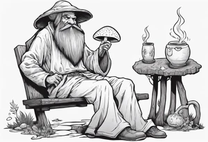 a medieval human-mushroom hybrid with a long grey beard wearing a tunic and a floppy hat sitting on a bench by a fireplace drinking from a wood cup, smiling tattoo idea