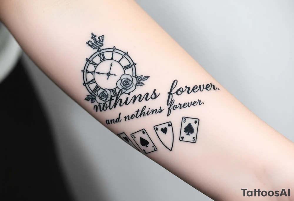Roman clock with roses and a crown,  a quote that says nothings forever. and on the bottom a deck of cards gangster chicano style tattoo idea