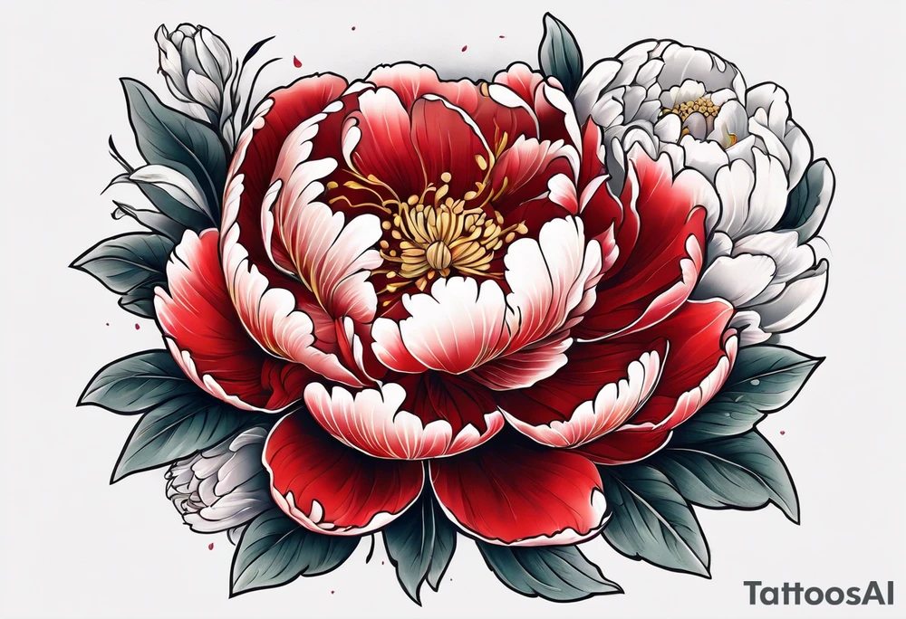 Red peony with small rabbit on petal tattoo idea