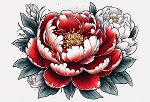 Red peony with small rabbit on petal tattoo idea