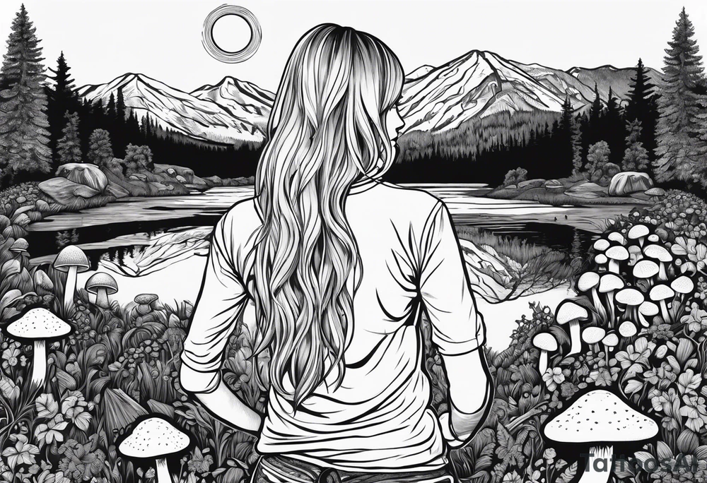 Whole picture encircled fully

Straight long blonde hair hippie girl in distance holding mushrooms in hand facing away toward mountains and creek surrounded by mushrooms long sleeve shirt and hiking pants; whole rendering within a full circle, no cut off circle tattoo idea